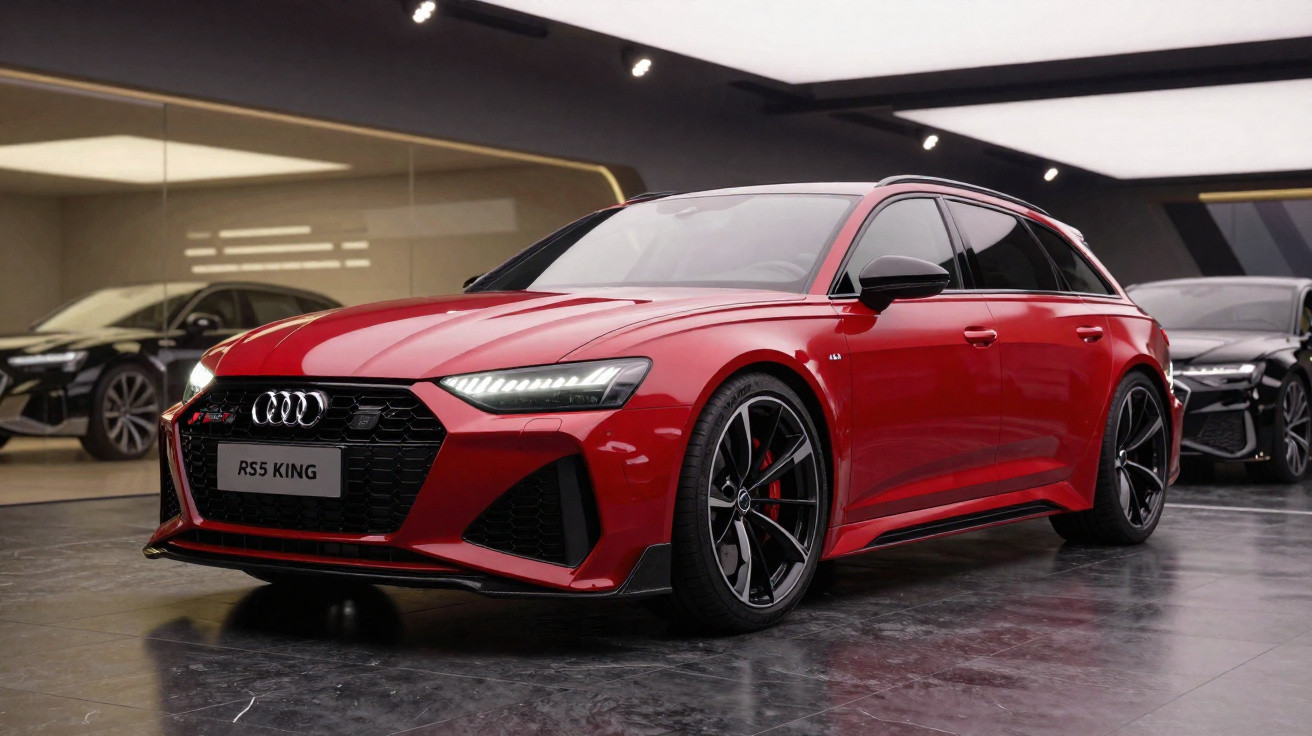 Carro esportivo Audi RS5 King vermelho em exposição com design moderno e rodas pretas.