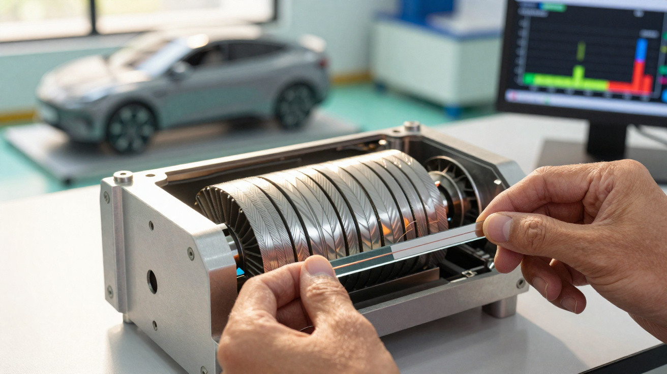 Mãos manipulando uma peça metálica complexa em laboratório com carro elétrico e monitor ao fundo.