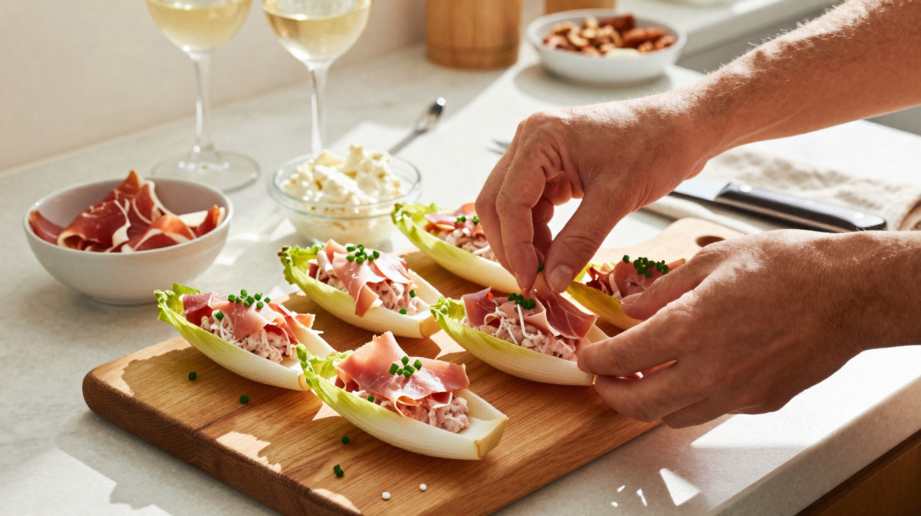 Mãos montam canapés com folhas de endívia, presunto e creme, em tábua de madeira na cozinha.