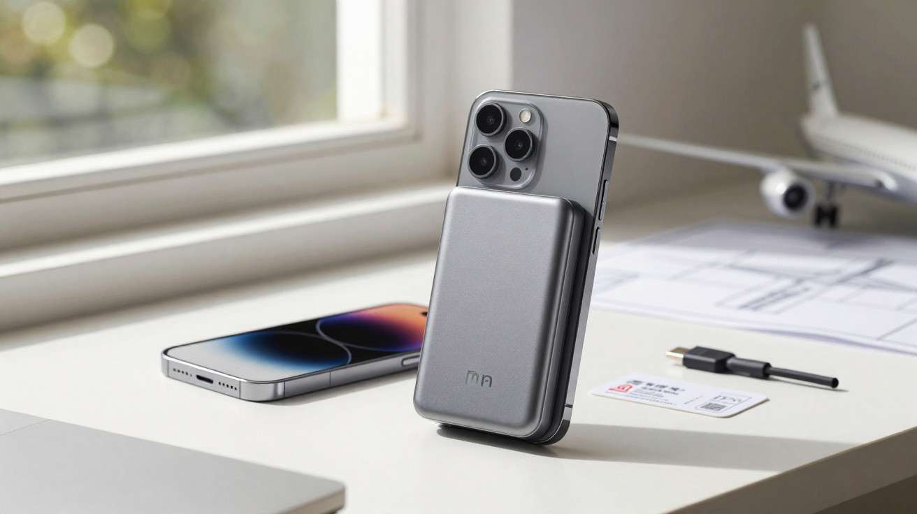 Dois smartphones modernos em uma mesa, um com carregador portátil acoplado e um modelo de avião ao fundo.