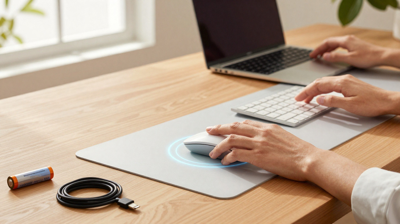 Mãos usando mouse e teclado wireless em mesa de madeira com notebook, bateria e cabo USB próximos.