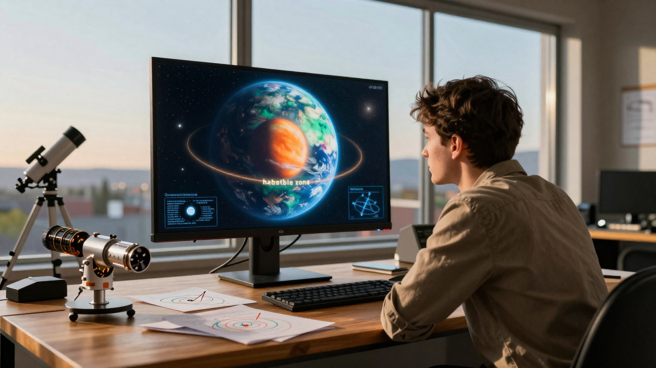 Jovem observa simulação digital do planeta Terra com zona habitável em monitor de computador, ao lado de telescópios.