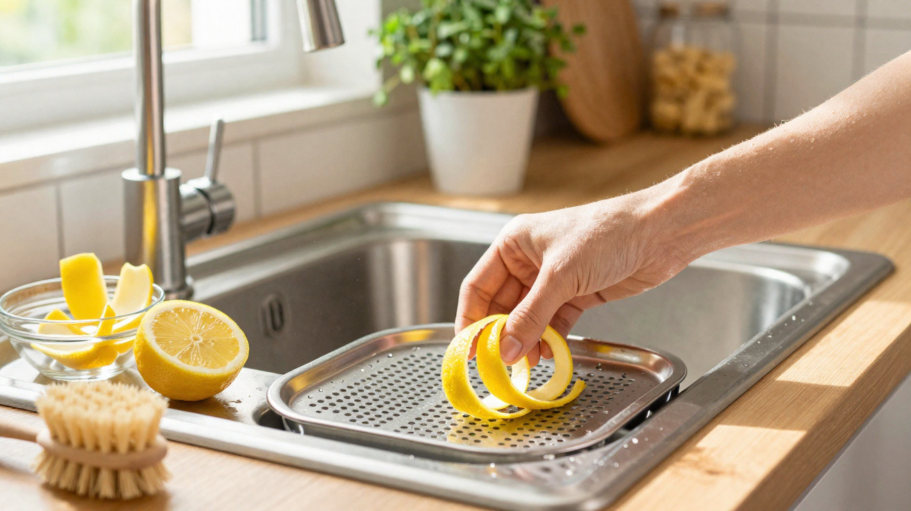Mão segurando casca de limão fatiada sobre pia de cozinha com Limão e utensílios ao redor.