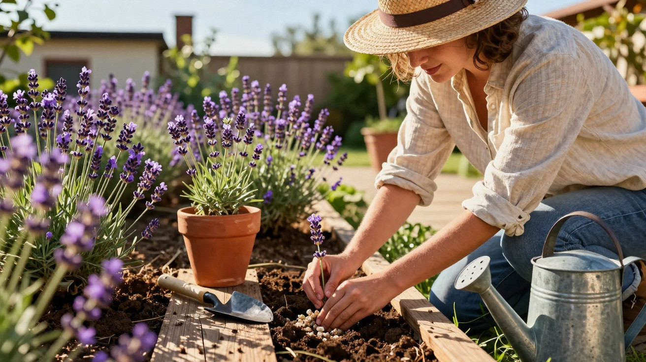 Mulher com chapéu cuidando de plantas de lavanda em canteiro de jardim ensolarado.