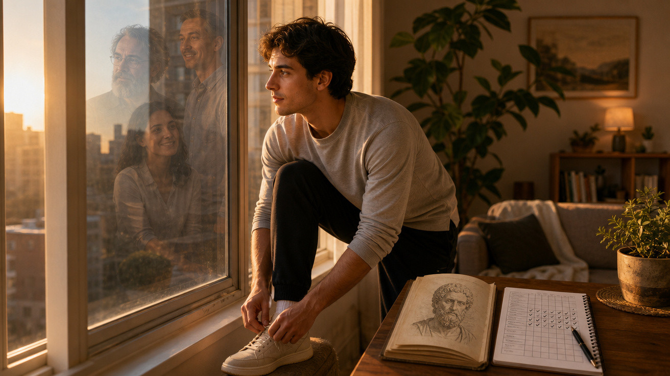 Jovem amarrando tênis perto da janela ao pôr do sol, com livros e planta sobre a mesa ao lado.