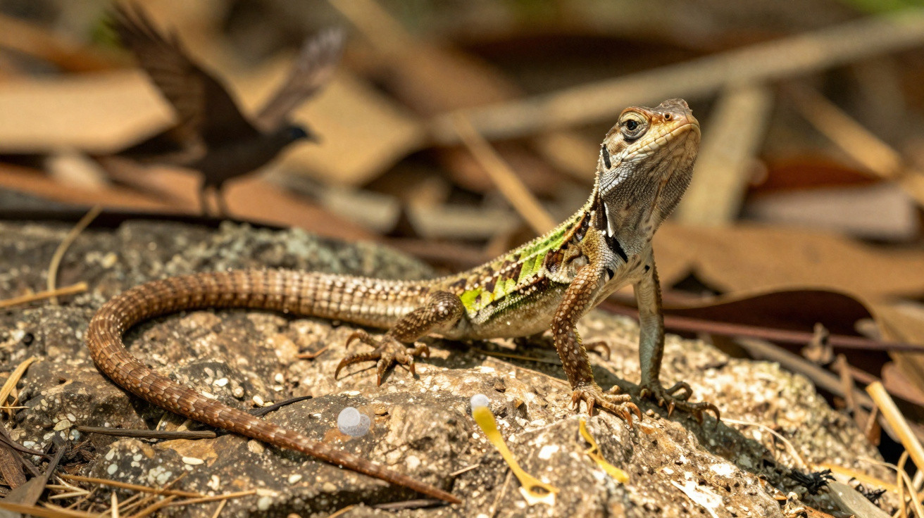 Lagarto marrom com manchas verdes sobre pedra em ambiente natural com folhas secas ao fundo.
