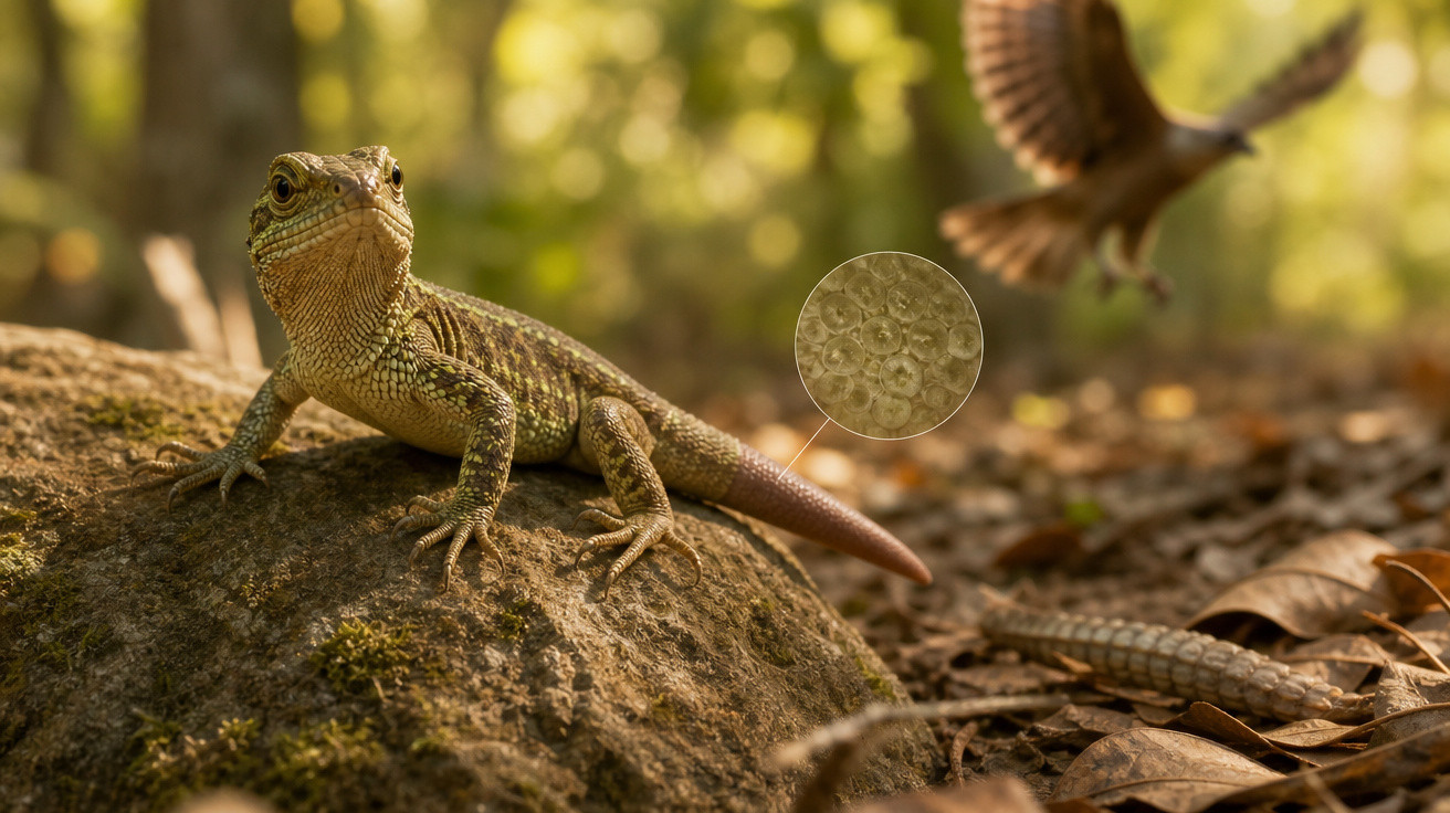Lagarto sobre pedra em floresta com insetos em foco ampliado e pássaro voando ao fundo.