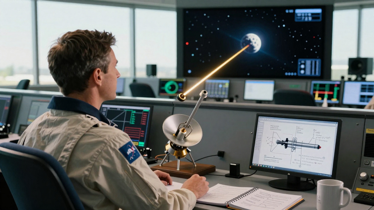 Homem em uniforme observa maquete e tela com raio luminoso indo da Terra à Lua em centro de controle.