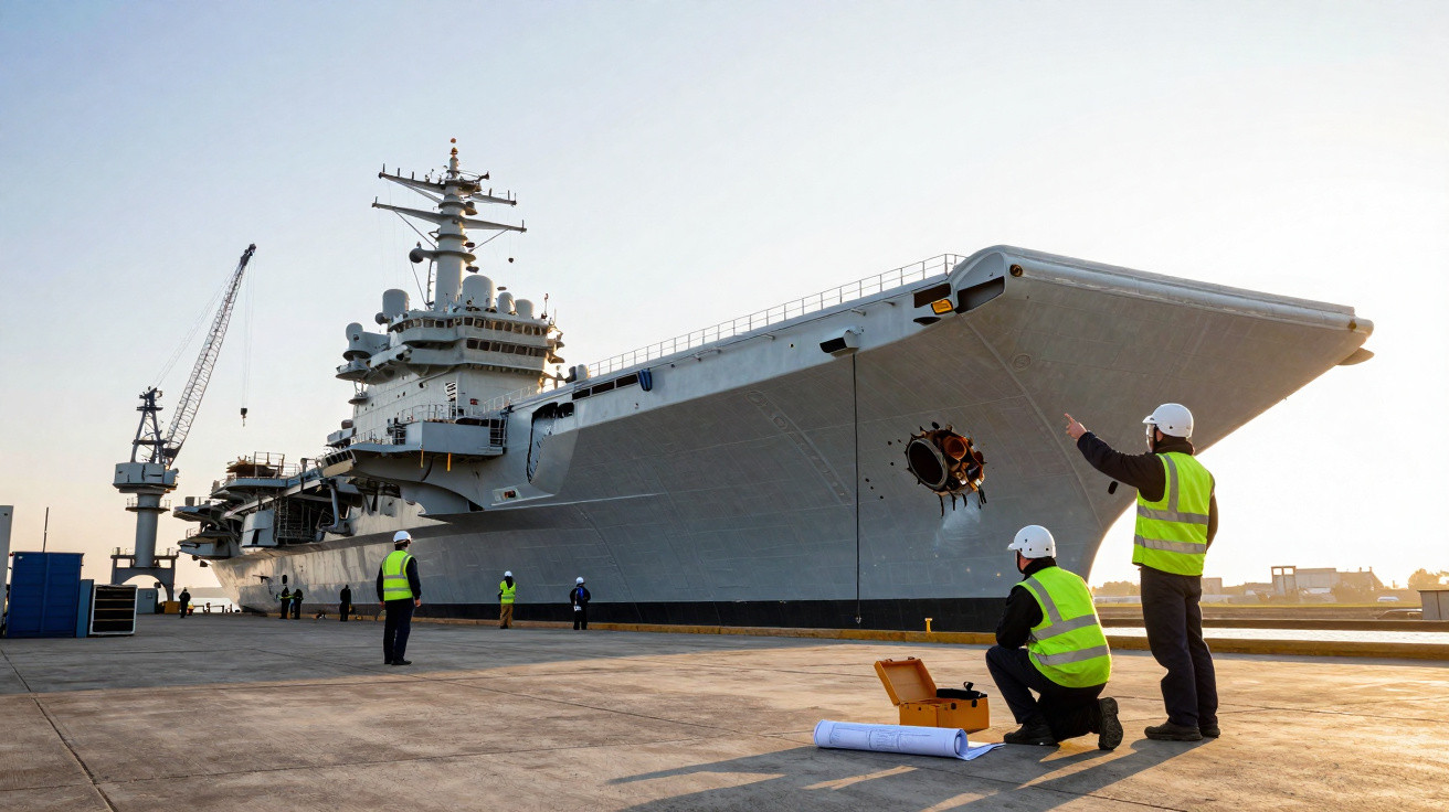 Homens com coletes amarelos e capacetes observam grande navio de guerra em doca ao amanhecer.