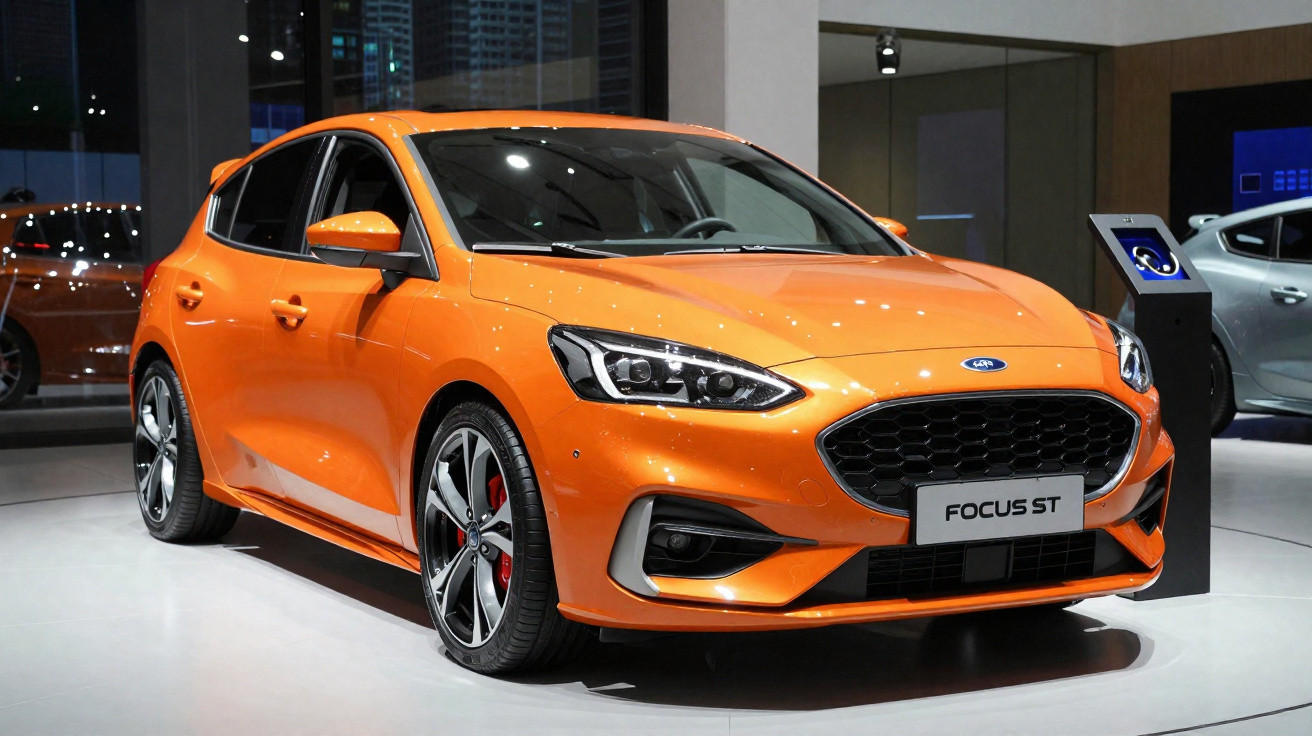Carro Ford Focus ST laranja exposto em salão automotivo com detalhes esportivos e rodas alumínio.