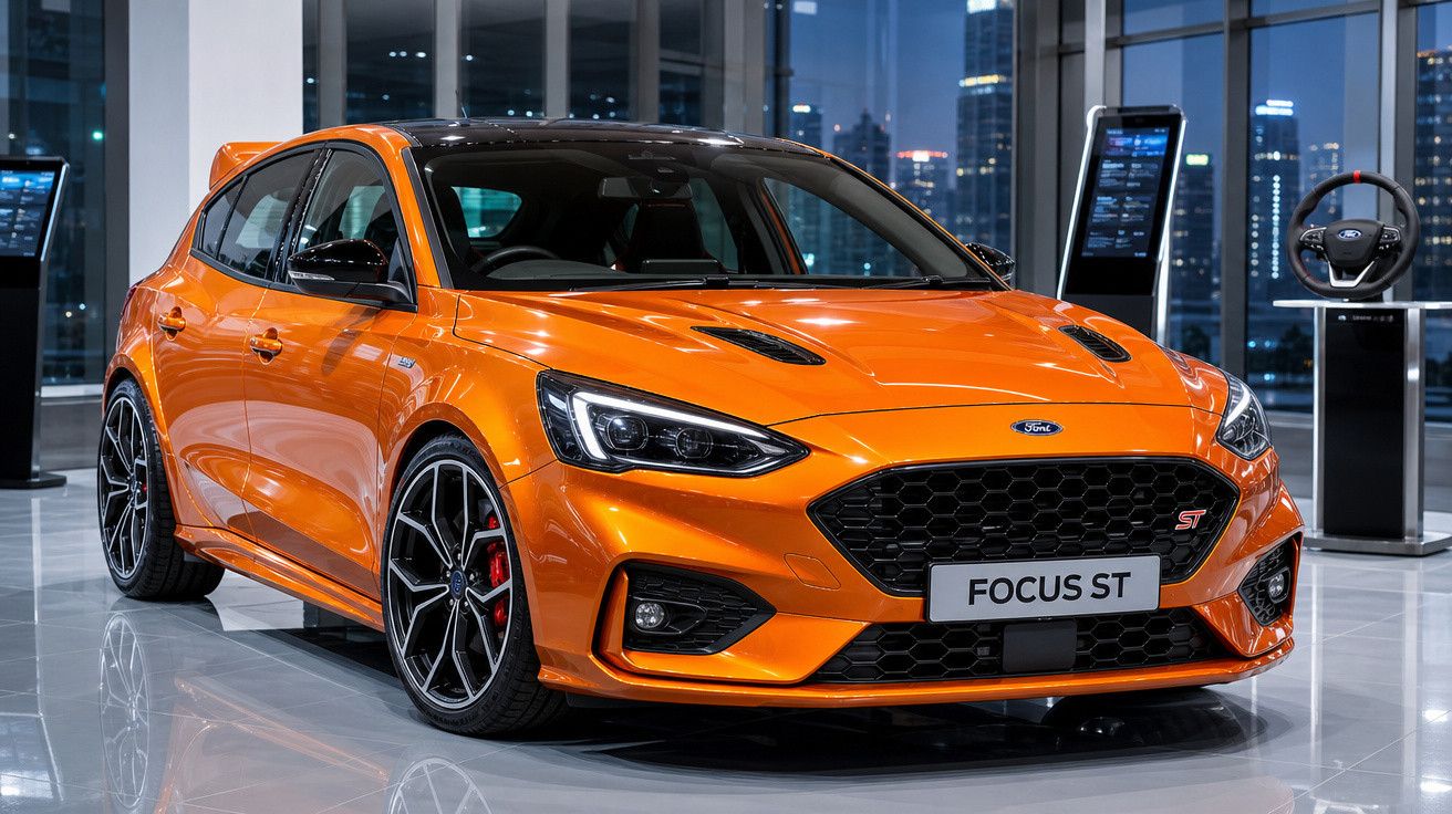 Carro esportivo Ford Focus ST laranja brilhante em showroom moderno com piso refletivo e janelas grandes.