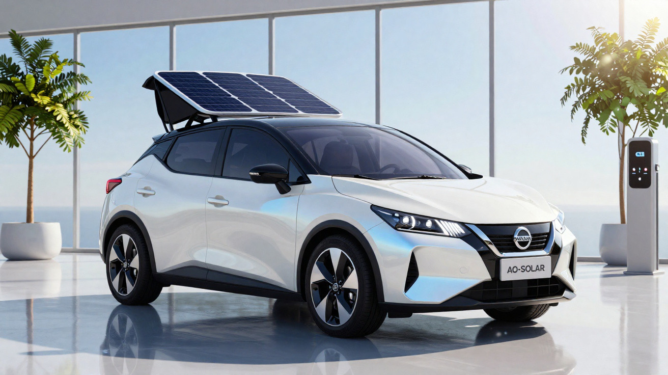 Carro elétrico branco com painel solar dobrável no teto em ambiente moderno com plantas e estação de carregamento.