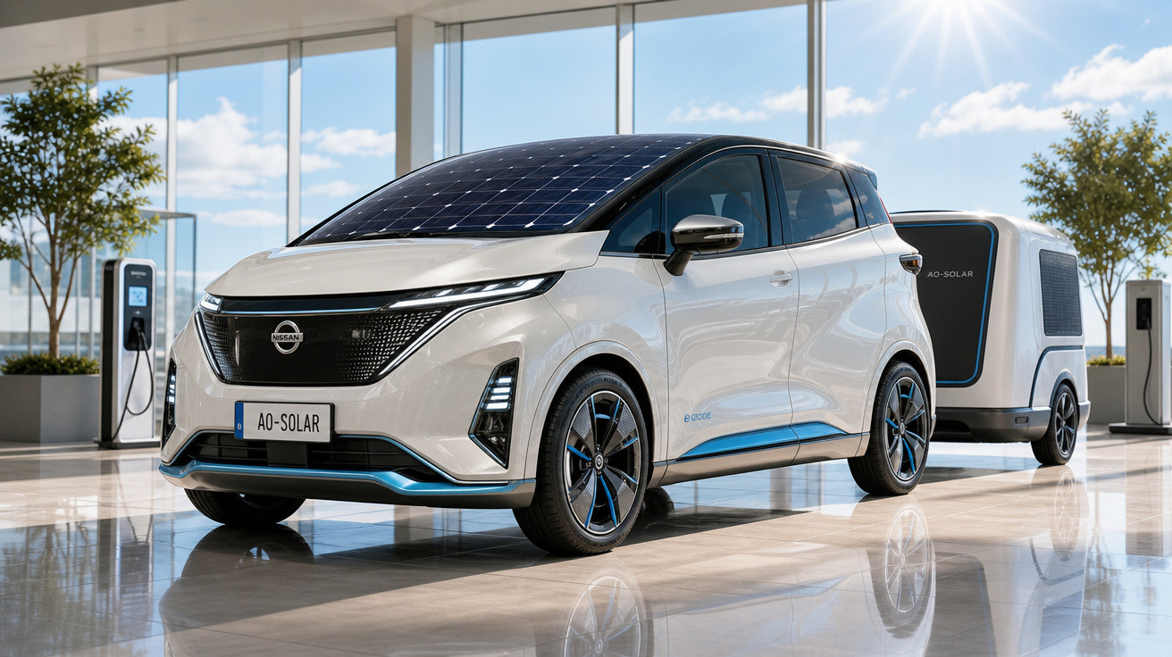 Carro elétrico branco com painéis solares no teto, acoplado a um trailer, estacionado em ambiente interno iluminado.