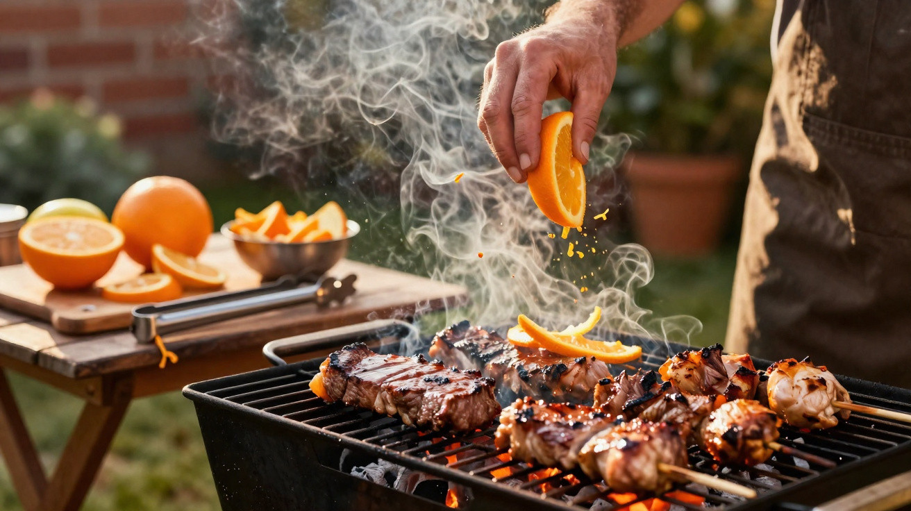 Pessoa espremendo laranja sobre carne e espetinhos sendo grelhados em churrasco ao ar livre.