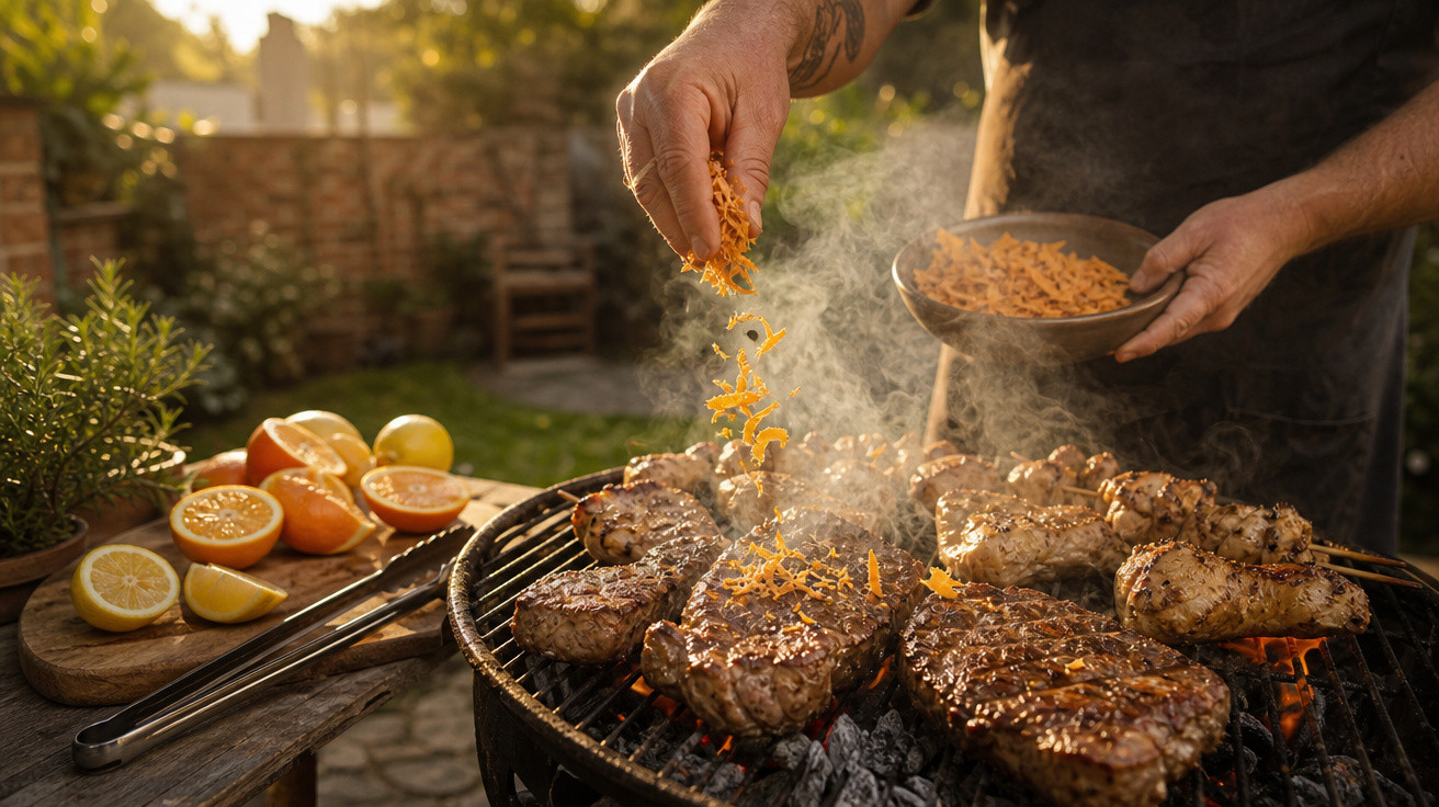 Pessoa temperando carnes na churrasqueira ao ar livre ao entardecer com frutas em uma mesa próxima.