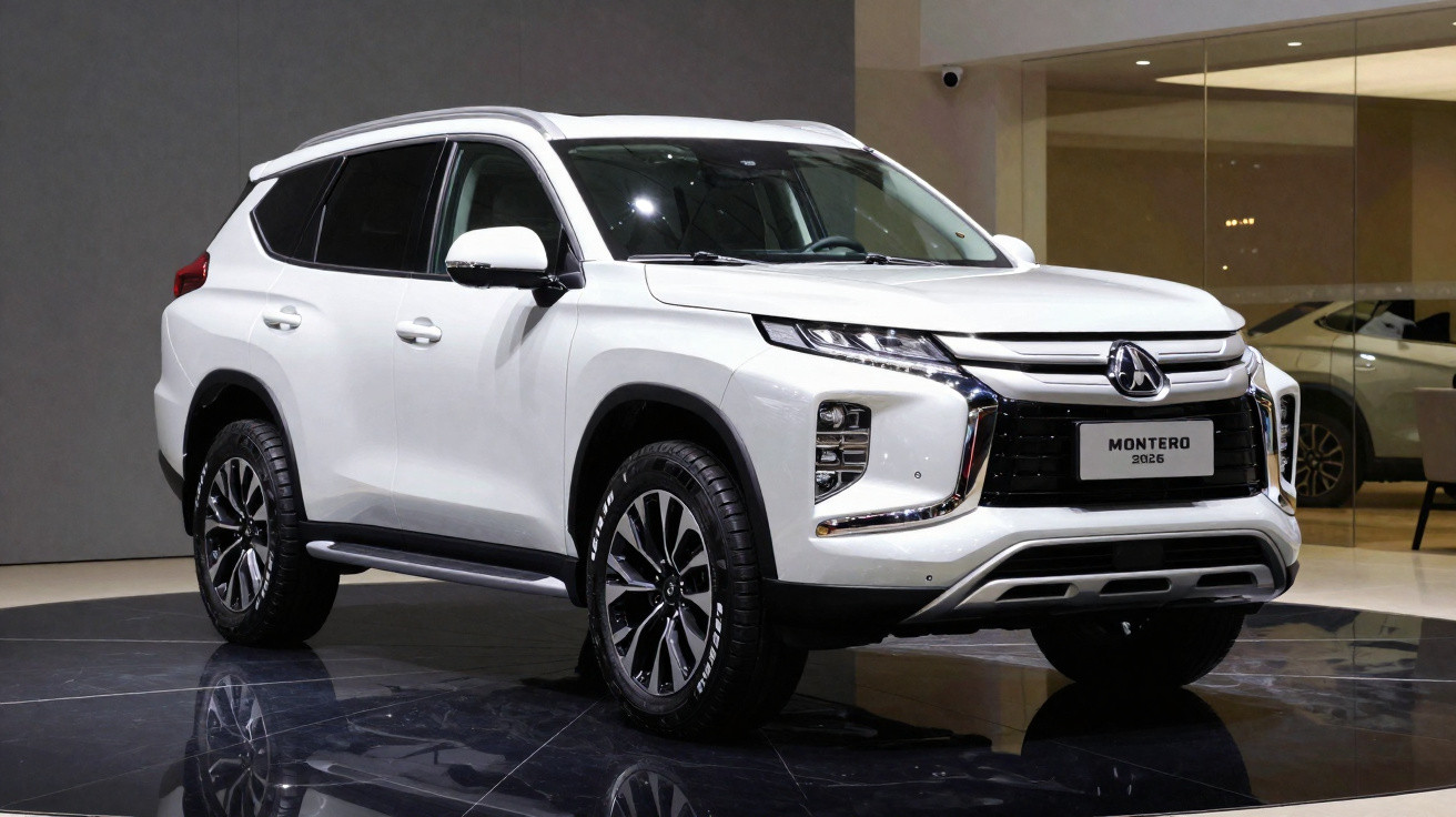 SUV branco Montero 2026 estacionado em ambiente interno com iluminação refletida no chão brilhante.