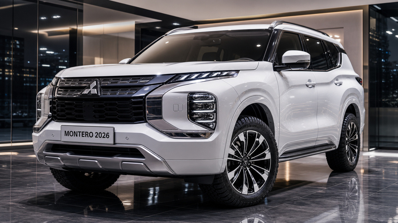 SUV Mitsubishi Montero 2026 branco exibido em showroom com iluminação sofisticada à noite.