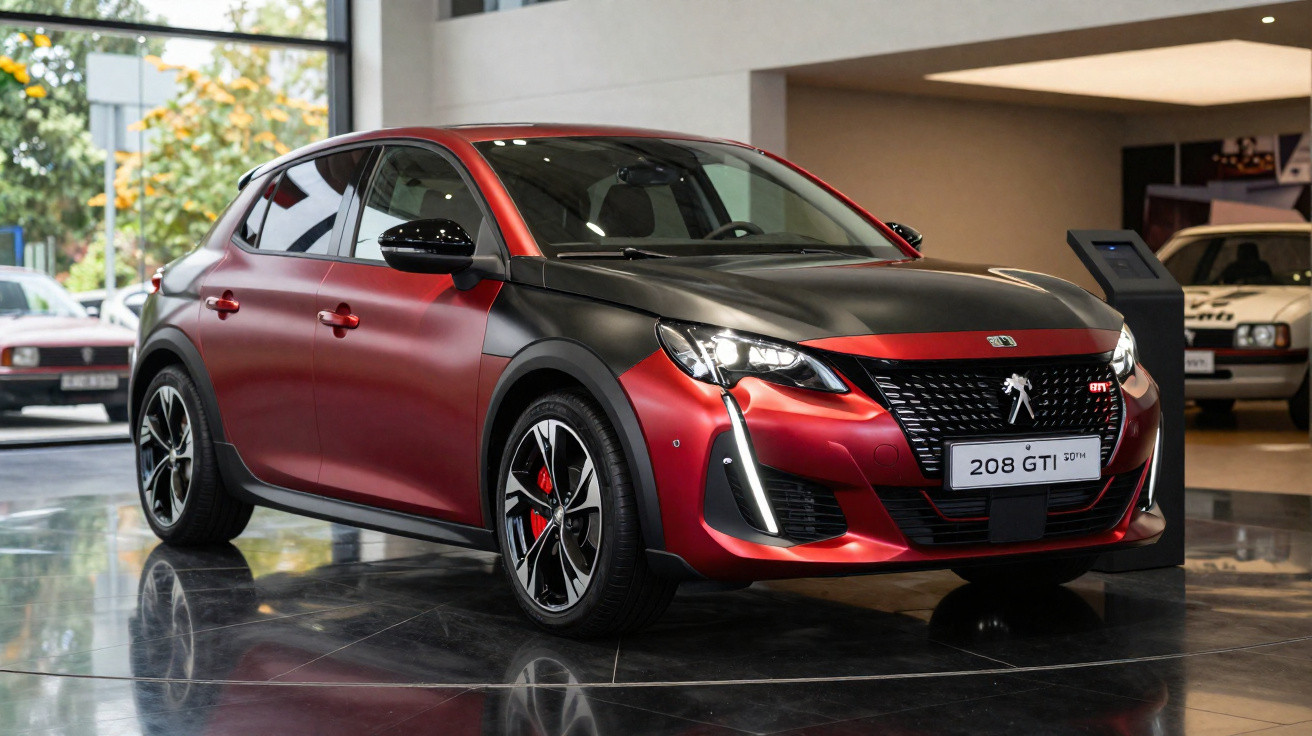 Carro esportivo Peugeot 208 GTI vermelho e preto exposto em showroom com piso refletivo.