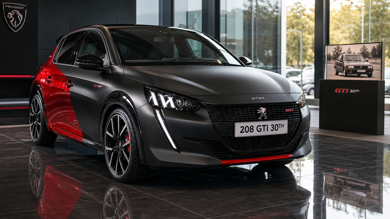 Carro Peugeot 208 GTI 30th preto e vermelho exibido em showroom moderno com piso espelhado.