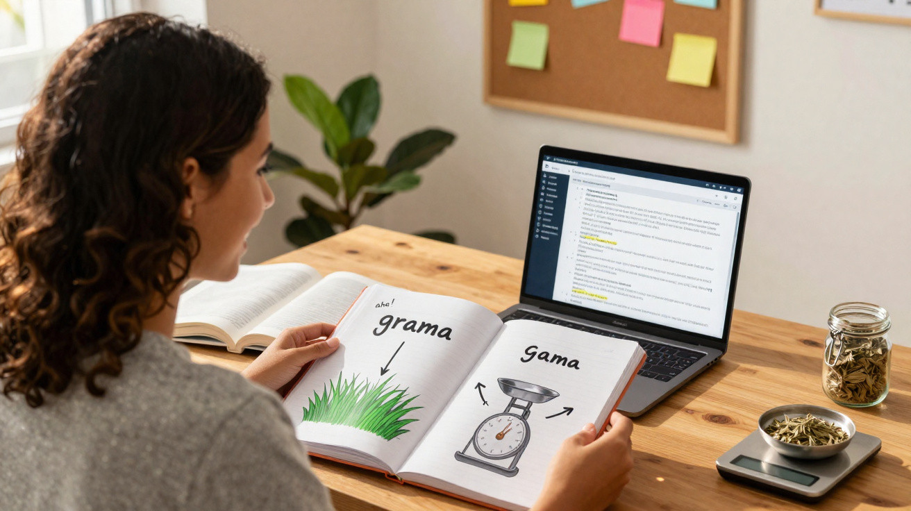 Pessoa estudando diferenças entre palavras "grama" e "gama" em um livro aberto, com laptop e plantas ao fundo.