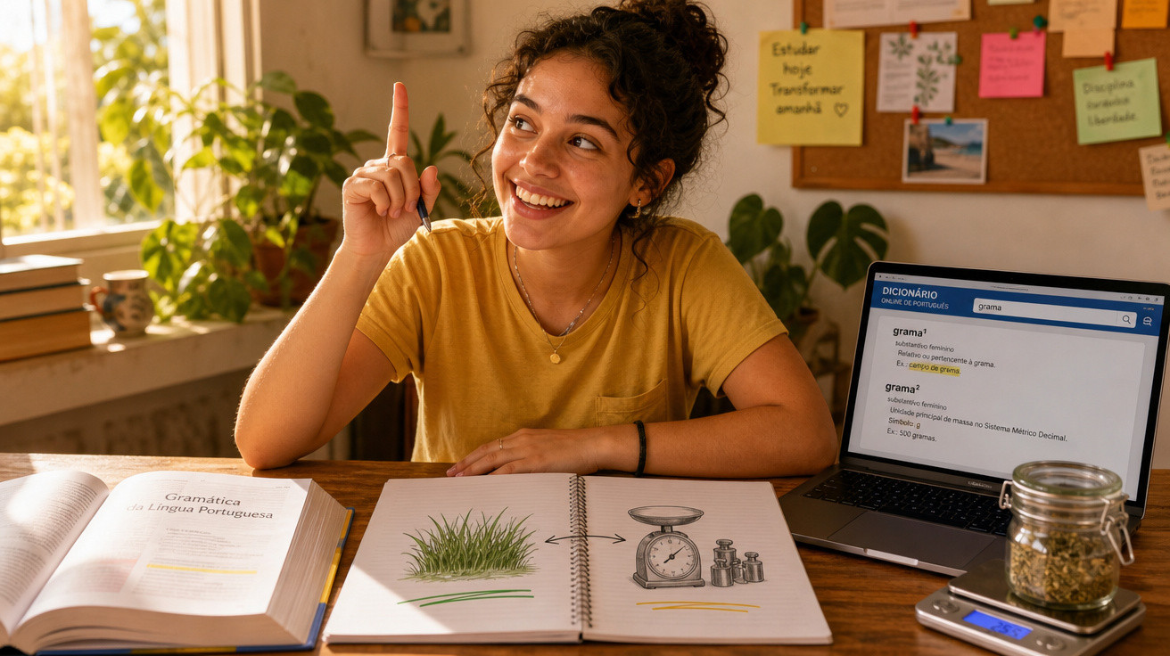 Jovem estudando português com livro, caderno ilustrado e laptop em mesa iluminada por luz natural.