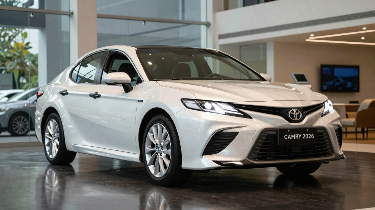 Sedã branco Toyota Camry 2026 em showroom moderno com iluminação natural e refletida no piso escuro.