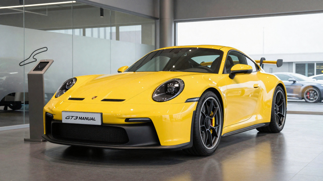 Carro esportivo Porsche 911 GT3 Manual amarelo em exposição em salão moderno.