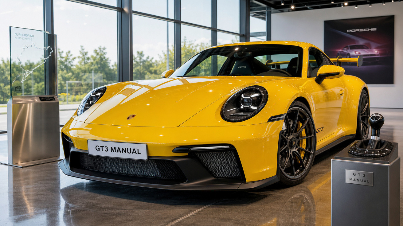 Carro esportivo amarelo Porsche GT3 Manual em exposição em showroom moderno com grandes janelas.