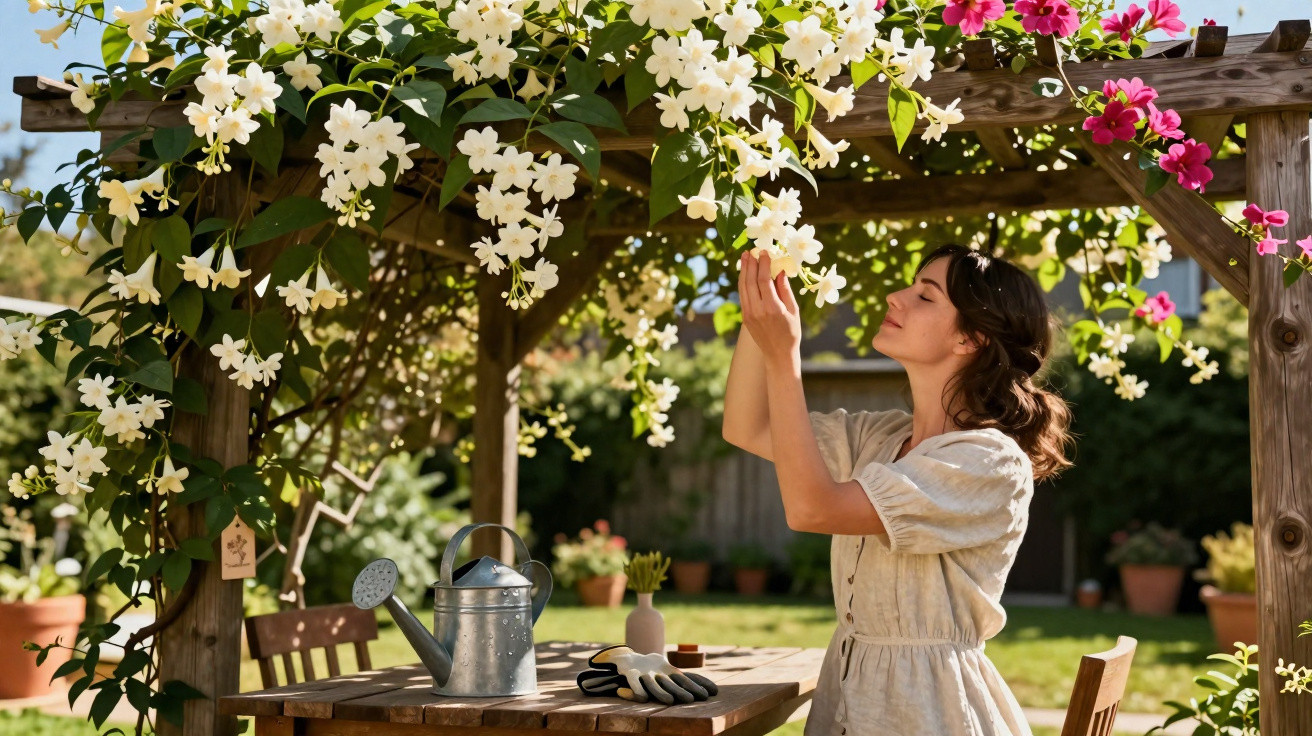 Mulher cuidando de flores brancas em pergolado de madeira em jardim ensolarado.