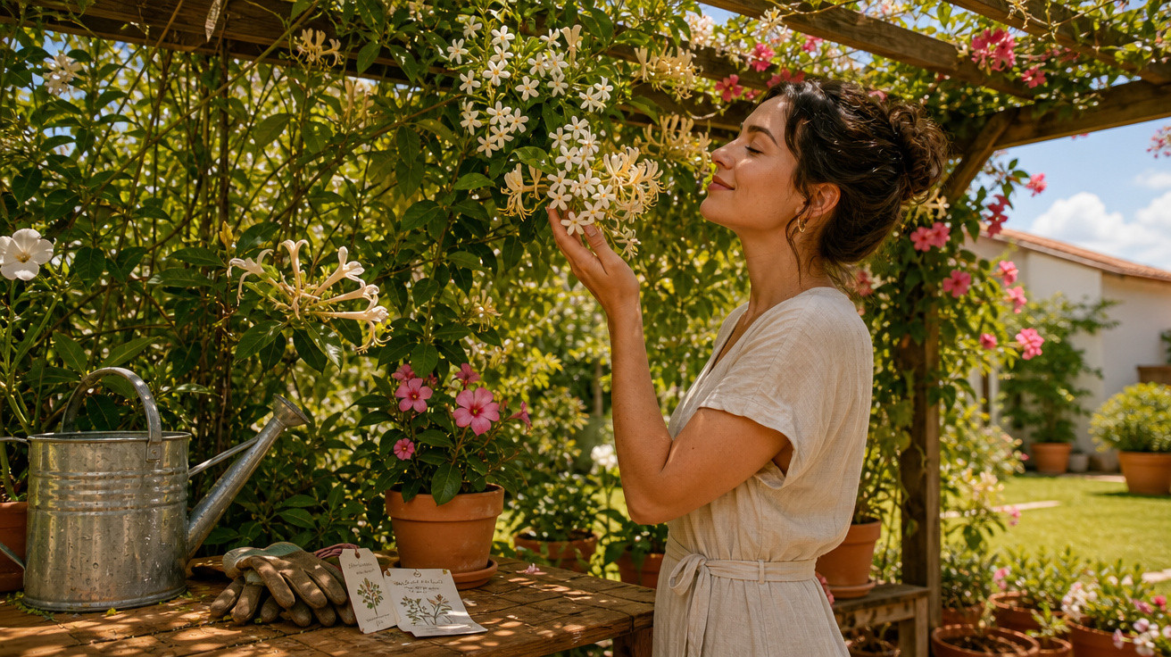 Mulher em vestido claro cheirando flores brancas em jardim com plantas em vasos e regador metálico.
