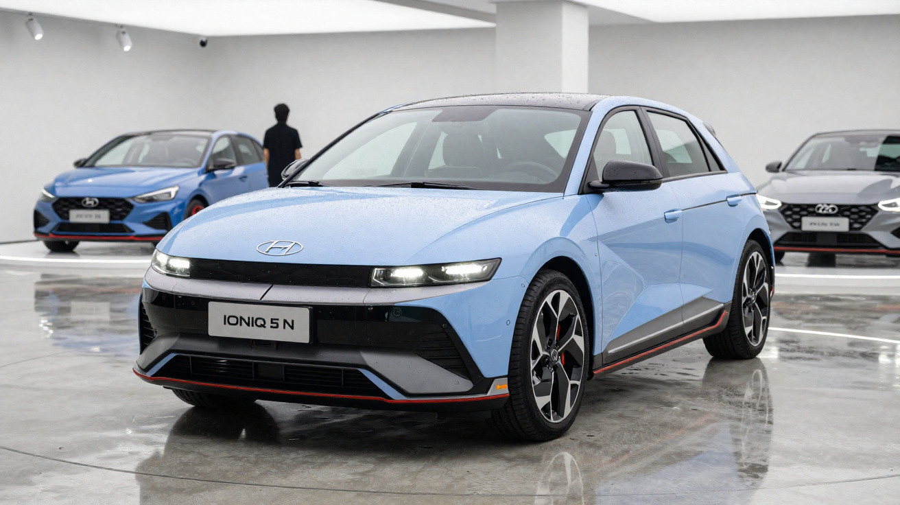 Carro elétrico Hyundai Ioniq 5 N azul exibido em showroom moderno com piso refletivo.