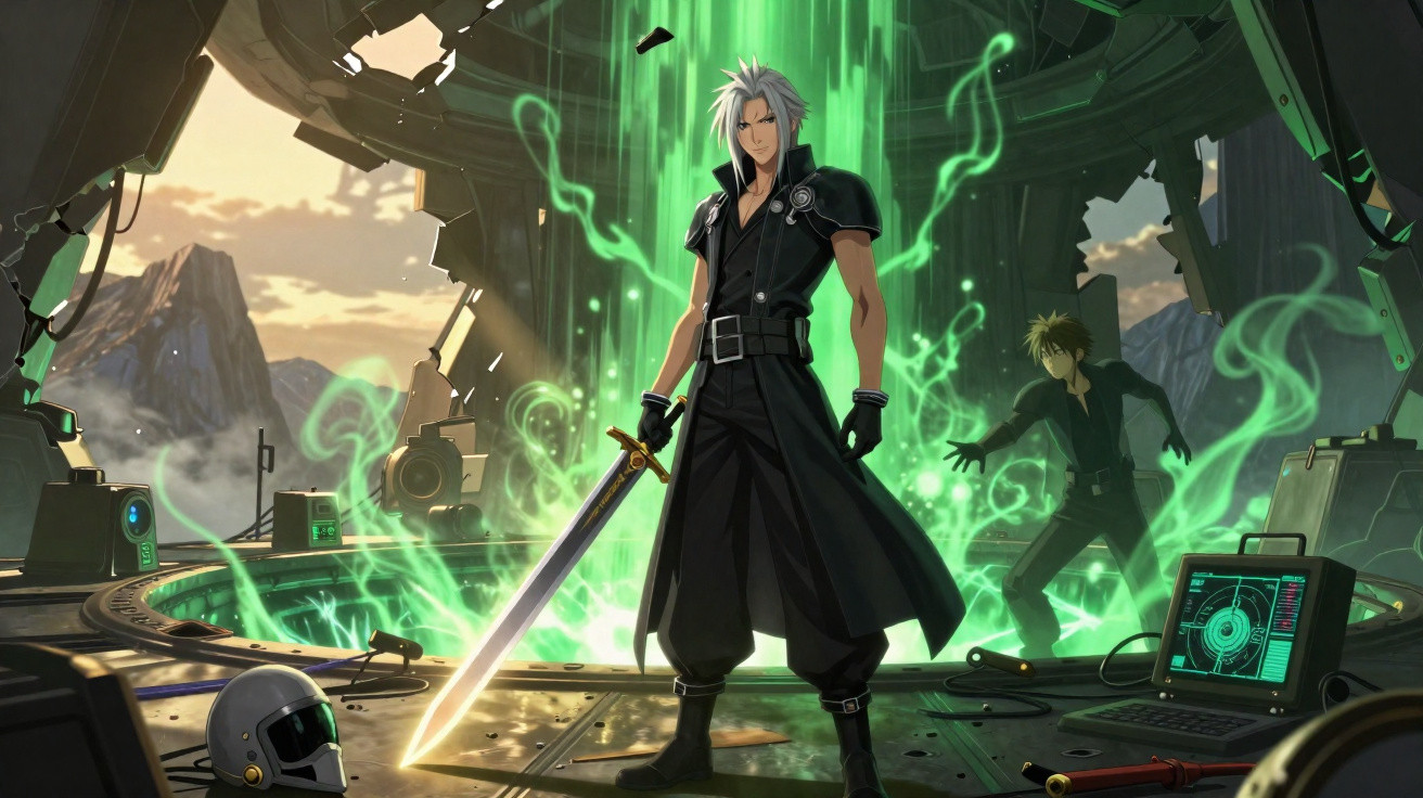 Personagem anime com espada em ambiente futurista com luzes verdes e máquina danificada ao fundo.