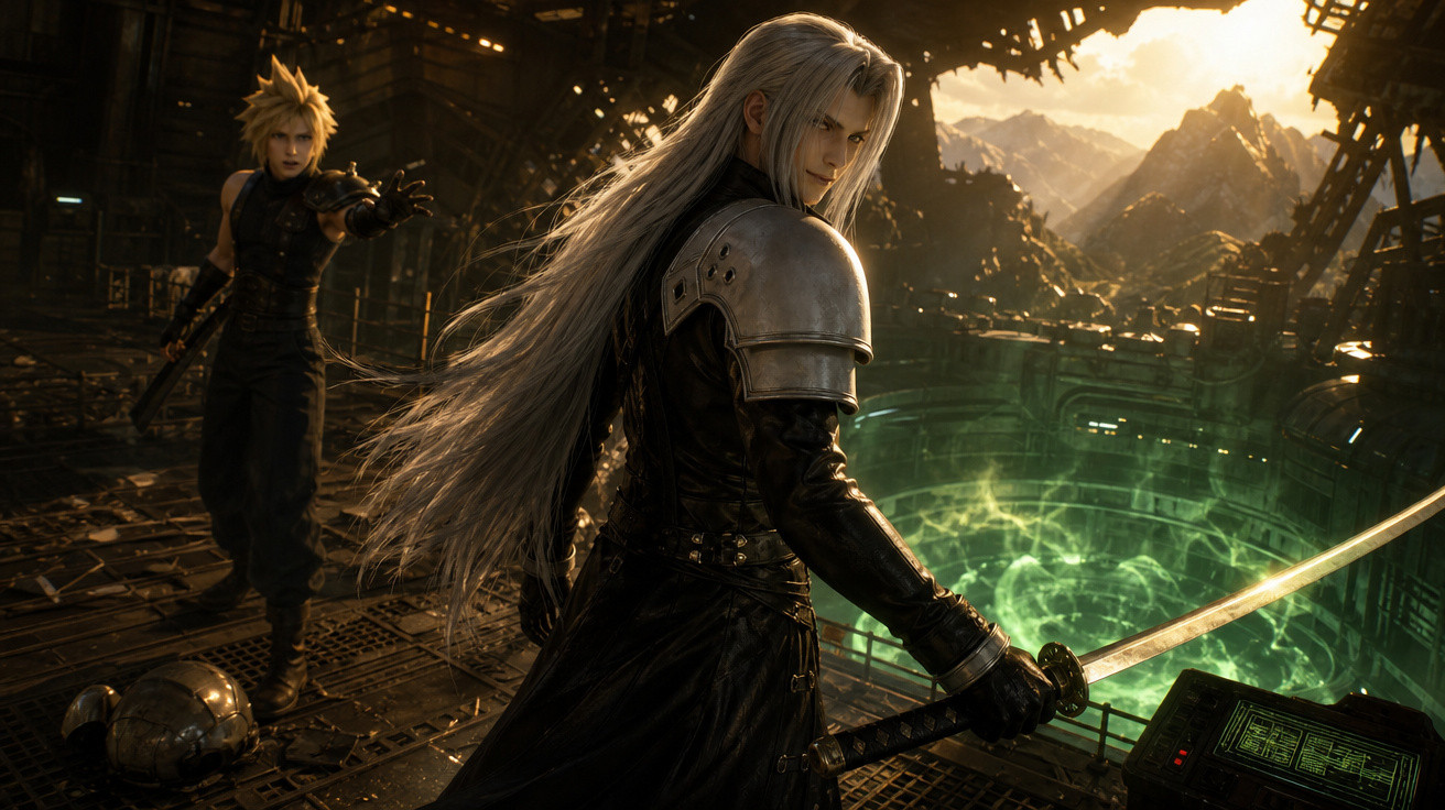 Personagem de cabelo branco com espada olha para trás enquanto outro personagem aponta arma em ambiente futurista.