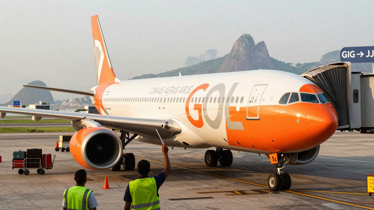 Avião da Gol Linhas Aéreas no portão de embarque no aeroporto com funcionários em colete refletivo.