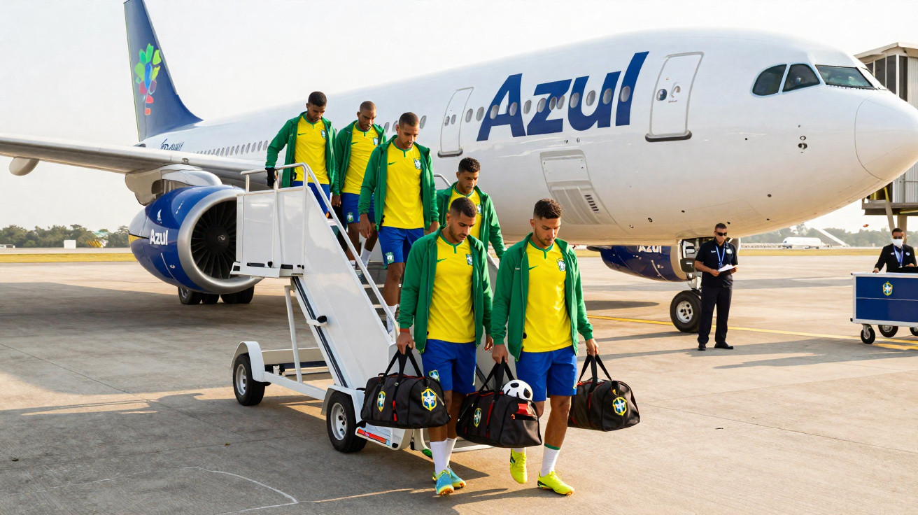 Jogadores da seleção brasileira descendo de avião da Azul com uniforme verde e amarelo no aeroporto.