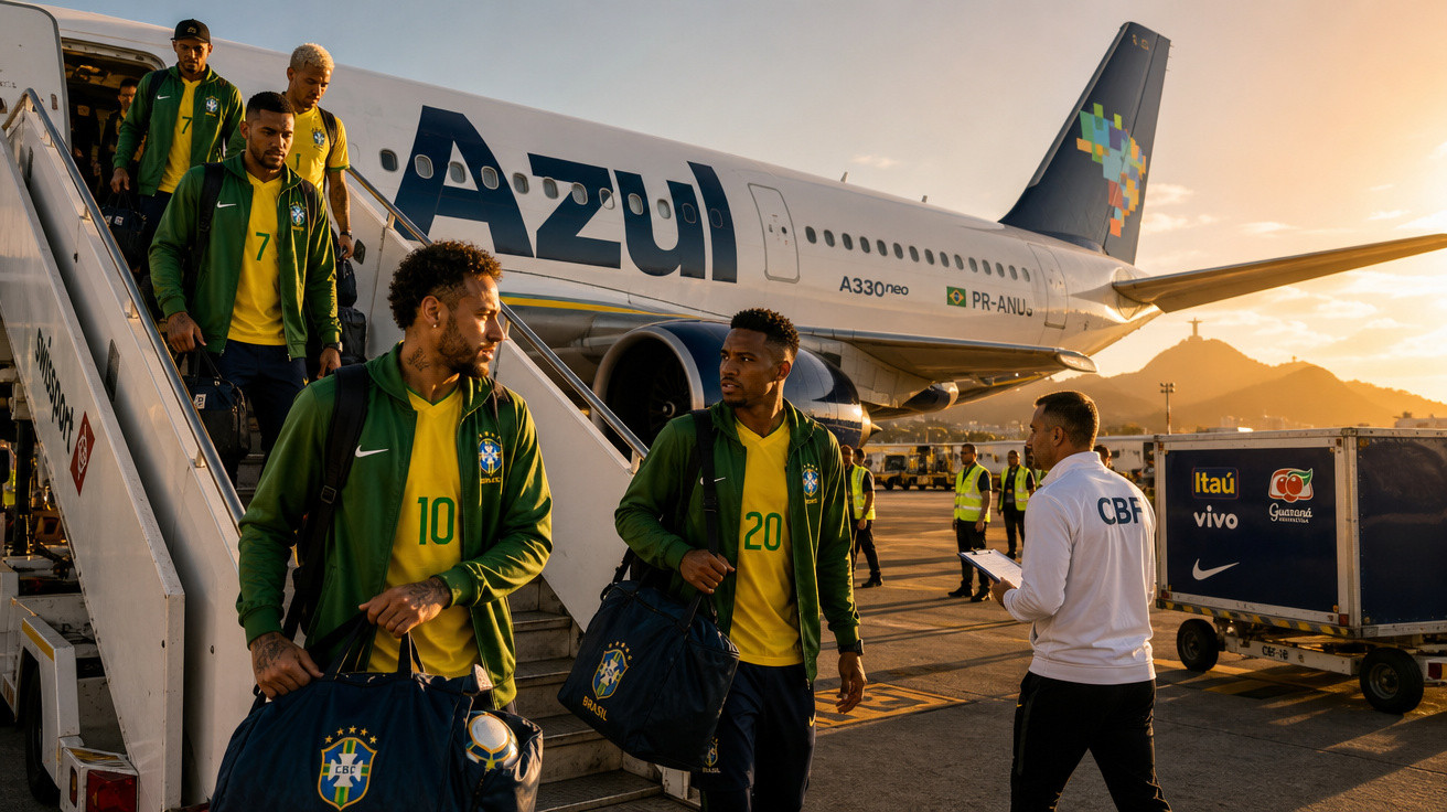 Jogadores da seleção brasileira descendo de avião da Azul em aeroporto ao pôr do sol, com Cristo Redentor ao fundo.