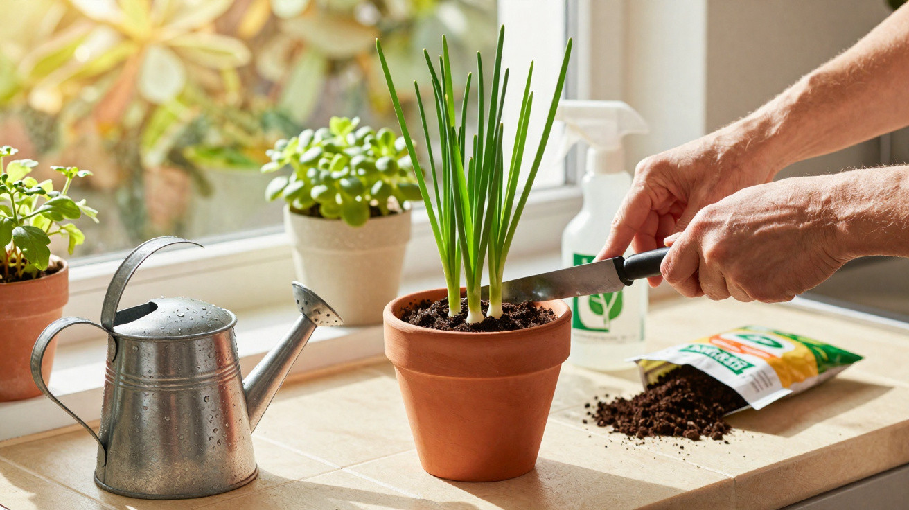 Mãos cuidando de planta na janela, vaso com cebolinha e regador metálico sobre bancada clara.