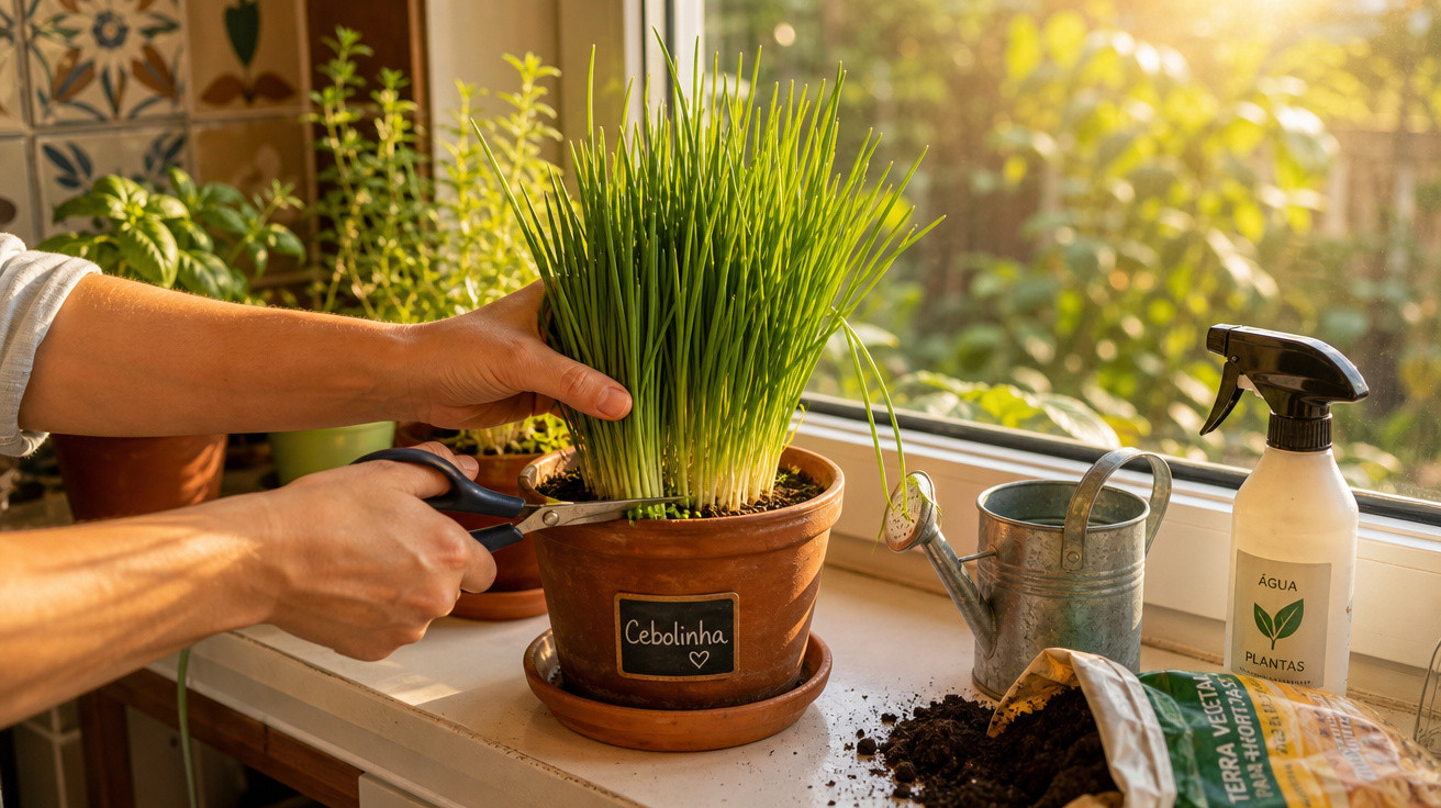 Pessoa aparando cebolinha em vaso na janela com regador, terra e borrifador de água para plantas.