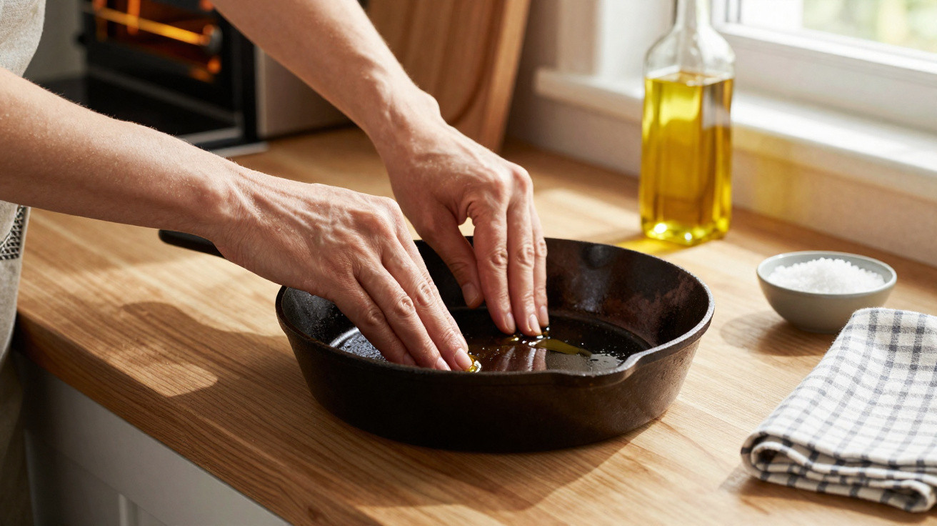 Mãos untando uma frigideira de ferro com azeite, sobre bancada de cozinha de madeira clara.