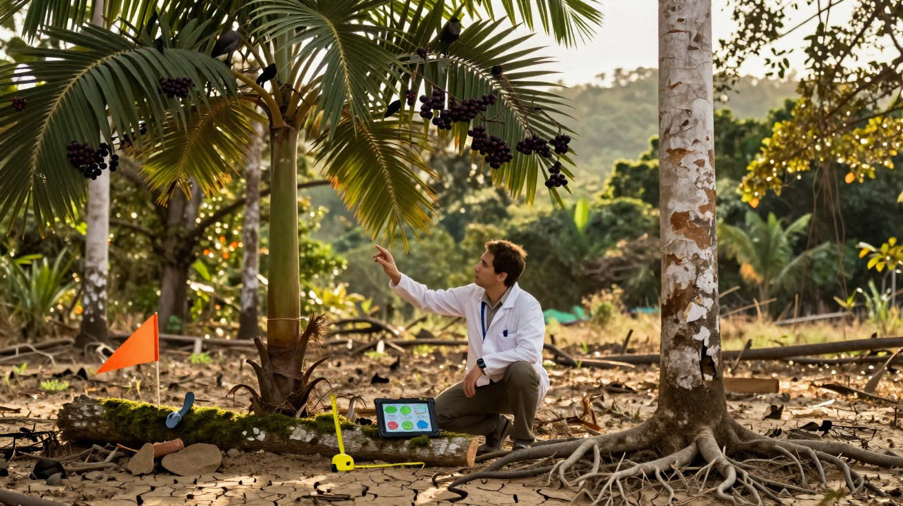 Pesquisador em jaleco analisa frutos de palmeira em área seca com equipamento tecnológico ao redor.