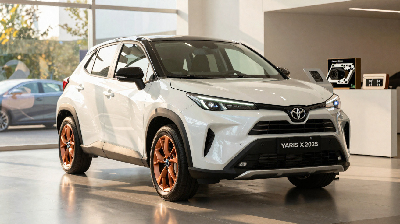 SUV Toyota Yaris X 2025 branco com rodas bronze exibido em showroom moderno.