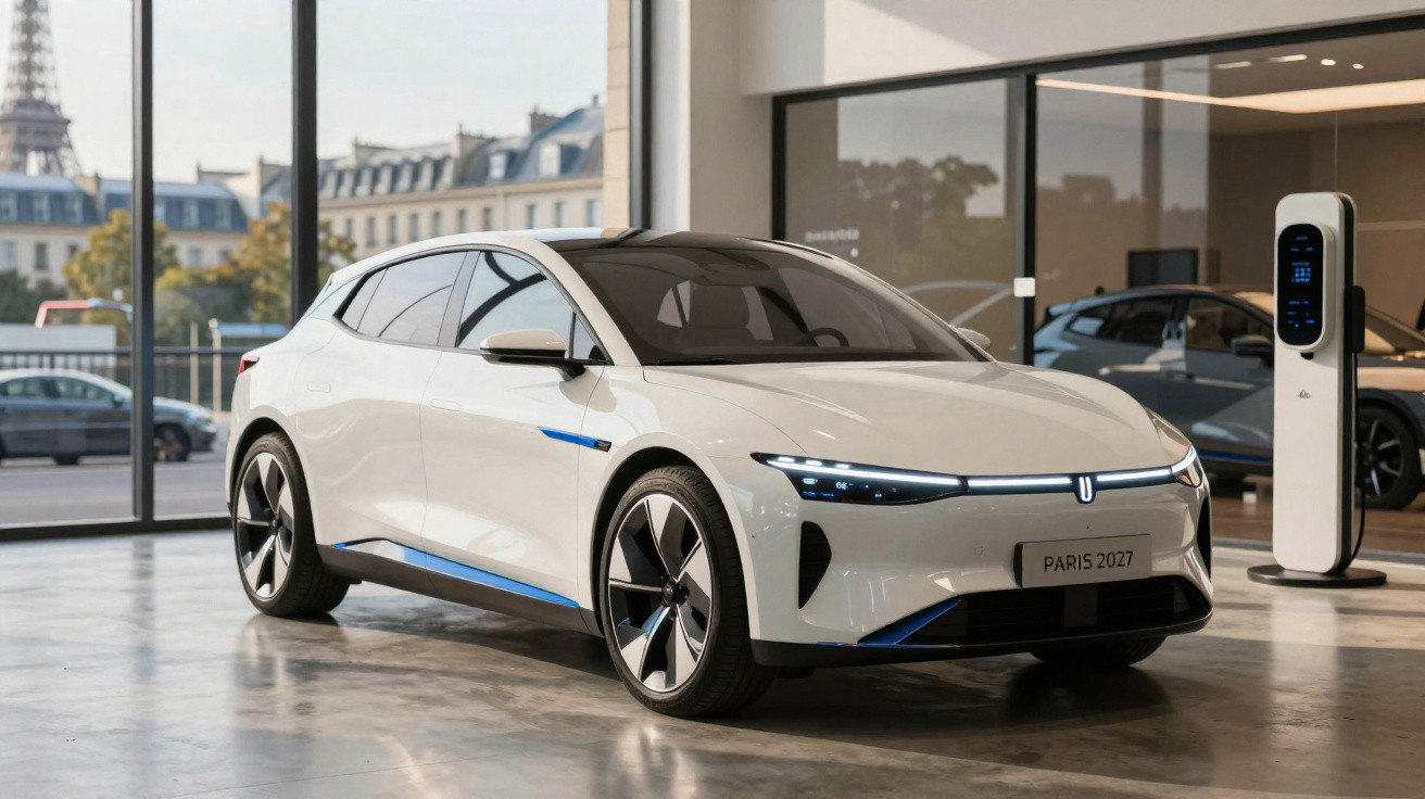 Carro elétrico branco moderno estacionado em showroom com torre Eiffel ao fundo e estação de recarga ao lado.