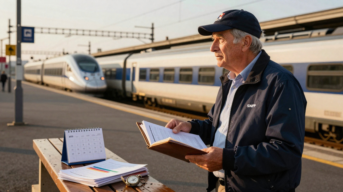 Homem idoso com boné e jaqueta segura livro na plataforma de estação ferroviária com trem ao fundo.