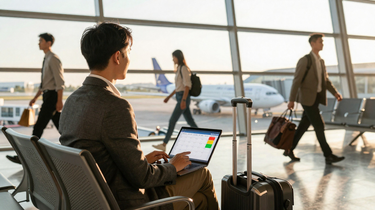 Homem sentado no aeroporto trabalha em notebook, com mala ao lado e avião ao fundo.