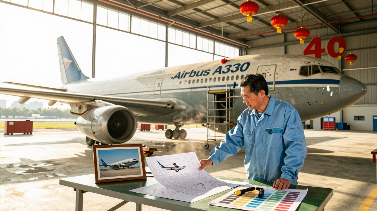 Homem analisando planta de avião em hangar com Airbus A330 estacionado ao fundo.