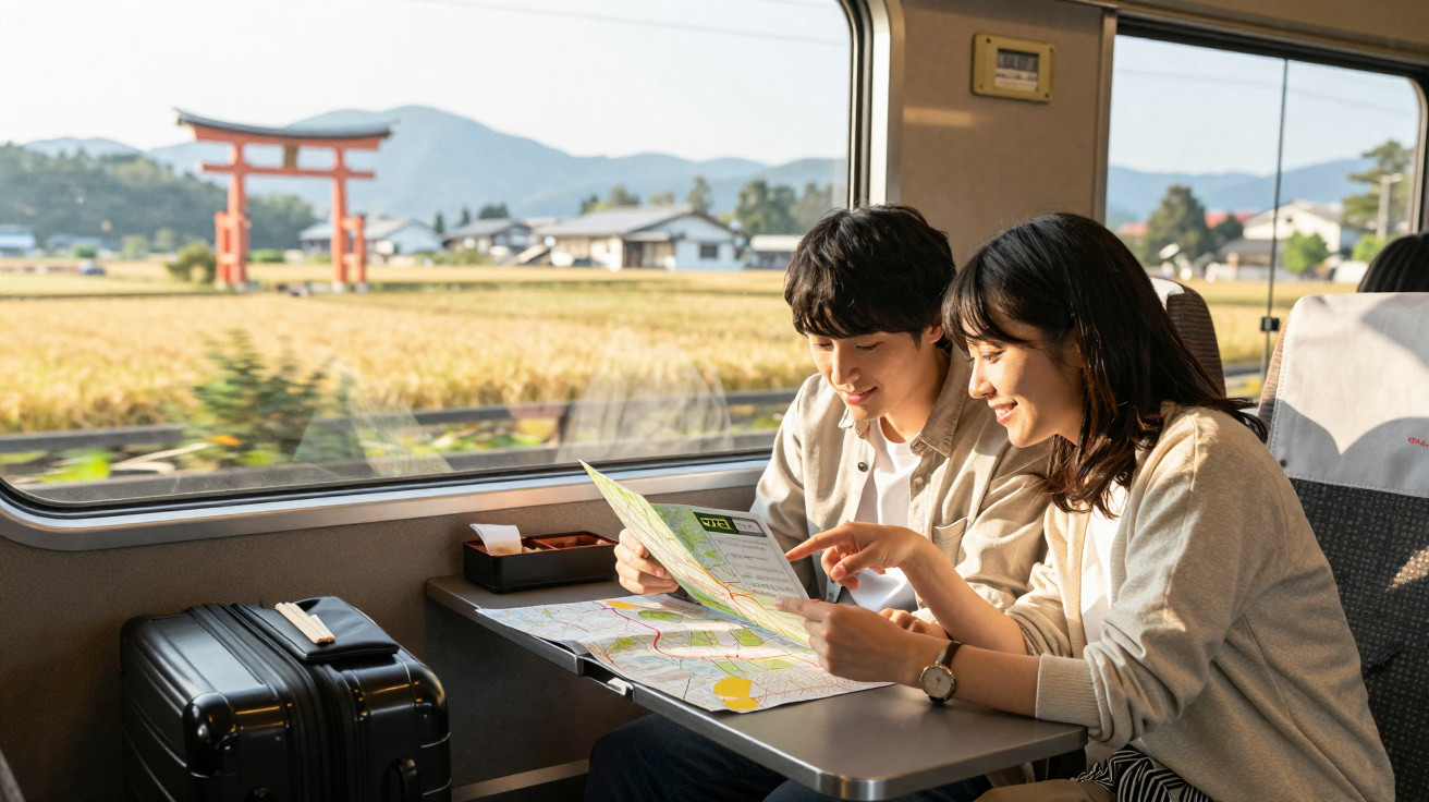 Casal jovem sorridente olhando mapa dentro de trem com paisagem rural e torii ao fundo.