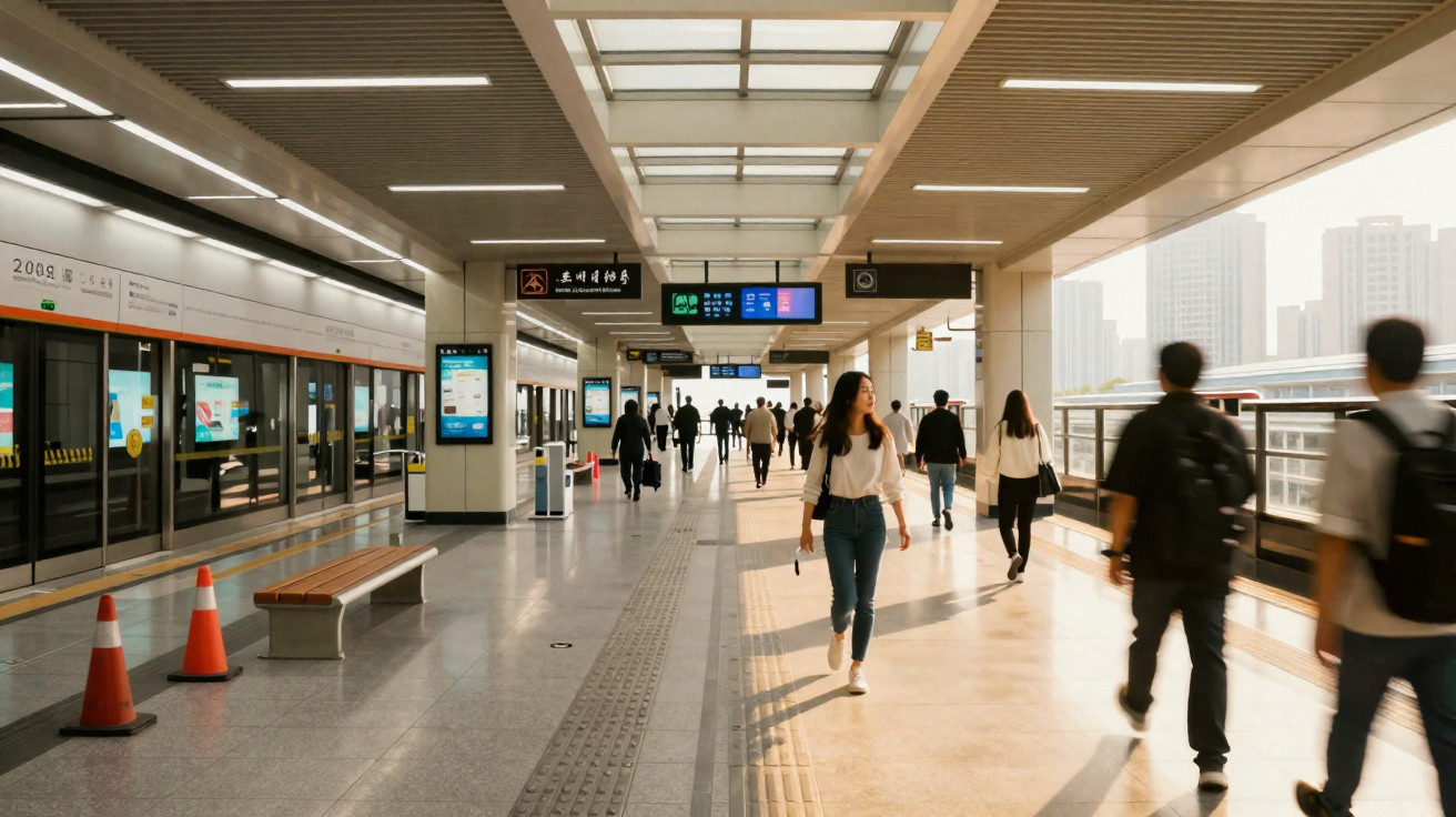 Plataforma de metrô com pessoas caminhando, bancos, cones laranjas e painéis de informação no teto.