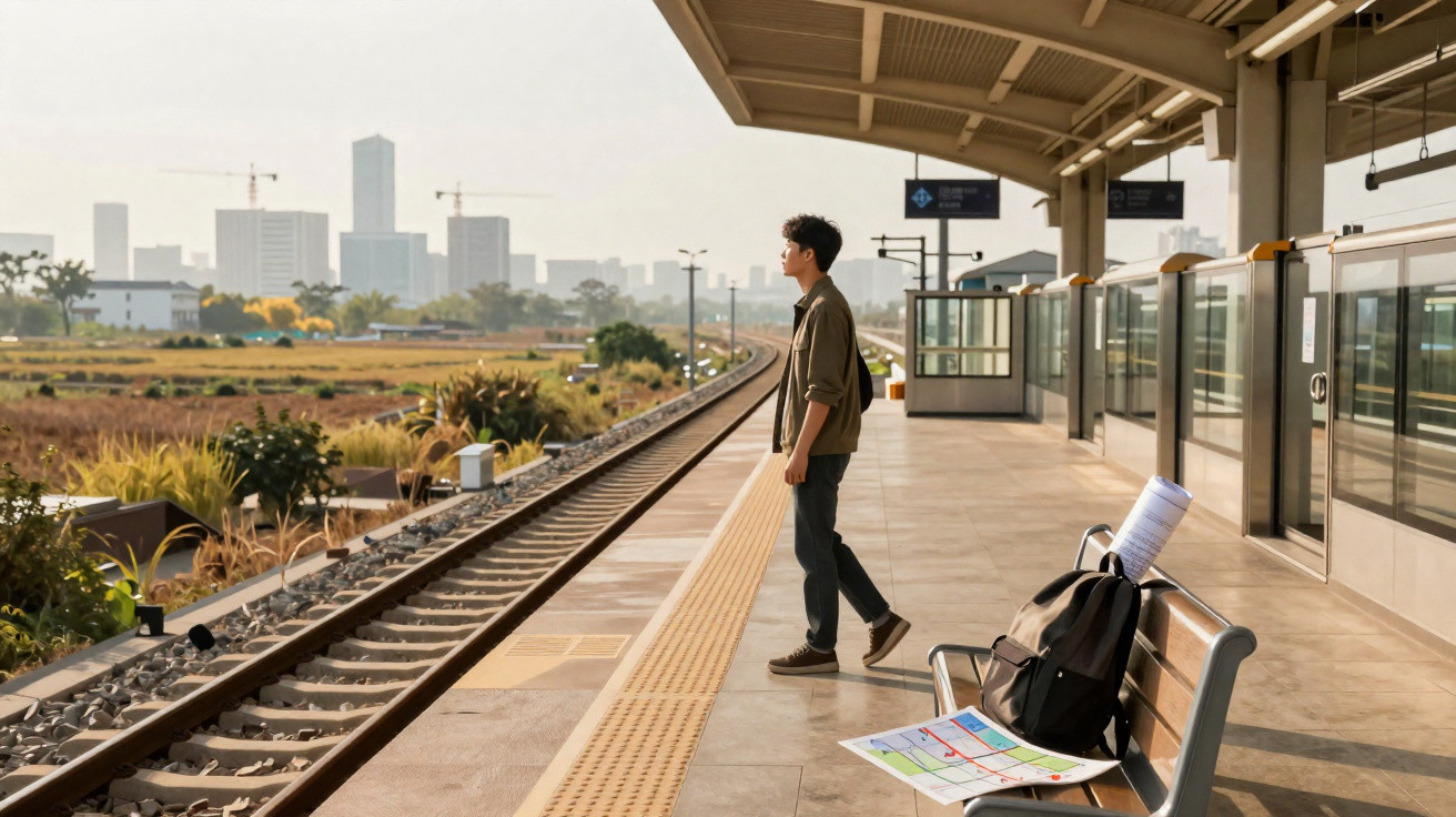Jovem esperando trem em plataforma ao ar livre, com mochila e mapa sobre banco, céu claro e cidade ao fundo.
