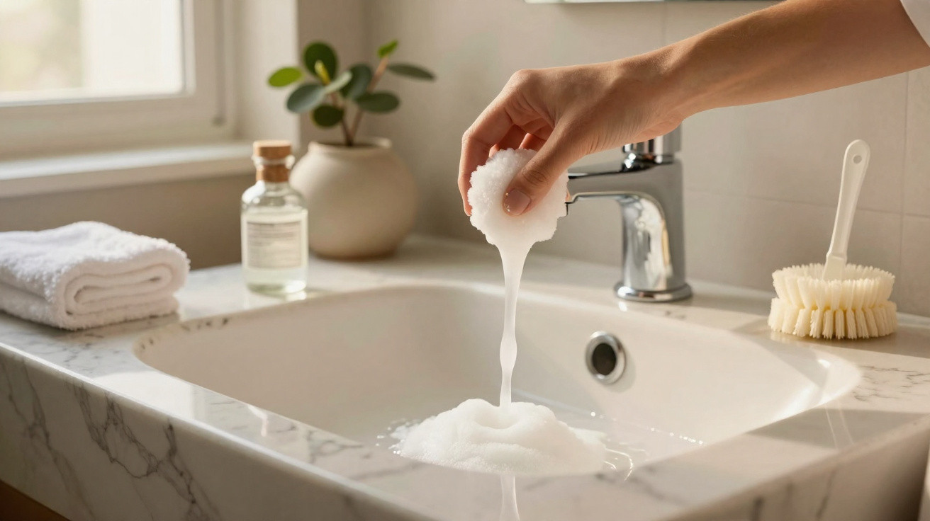Mão segurando espuma branca sobre pia de banheiro com toalha, vaso com planta e escova.