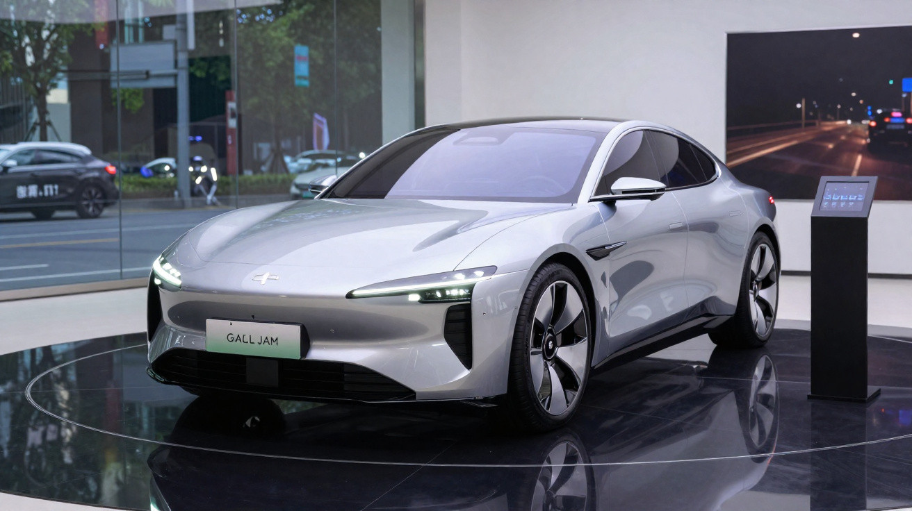 Carro elétrico esportivo prata exposto em salão com vidro refletindo rua movimentada.